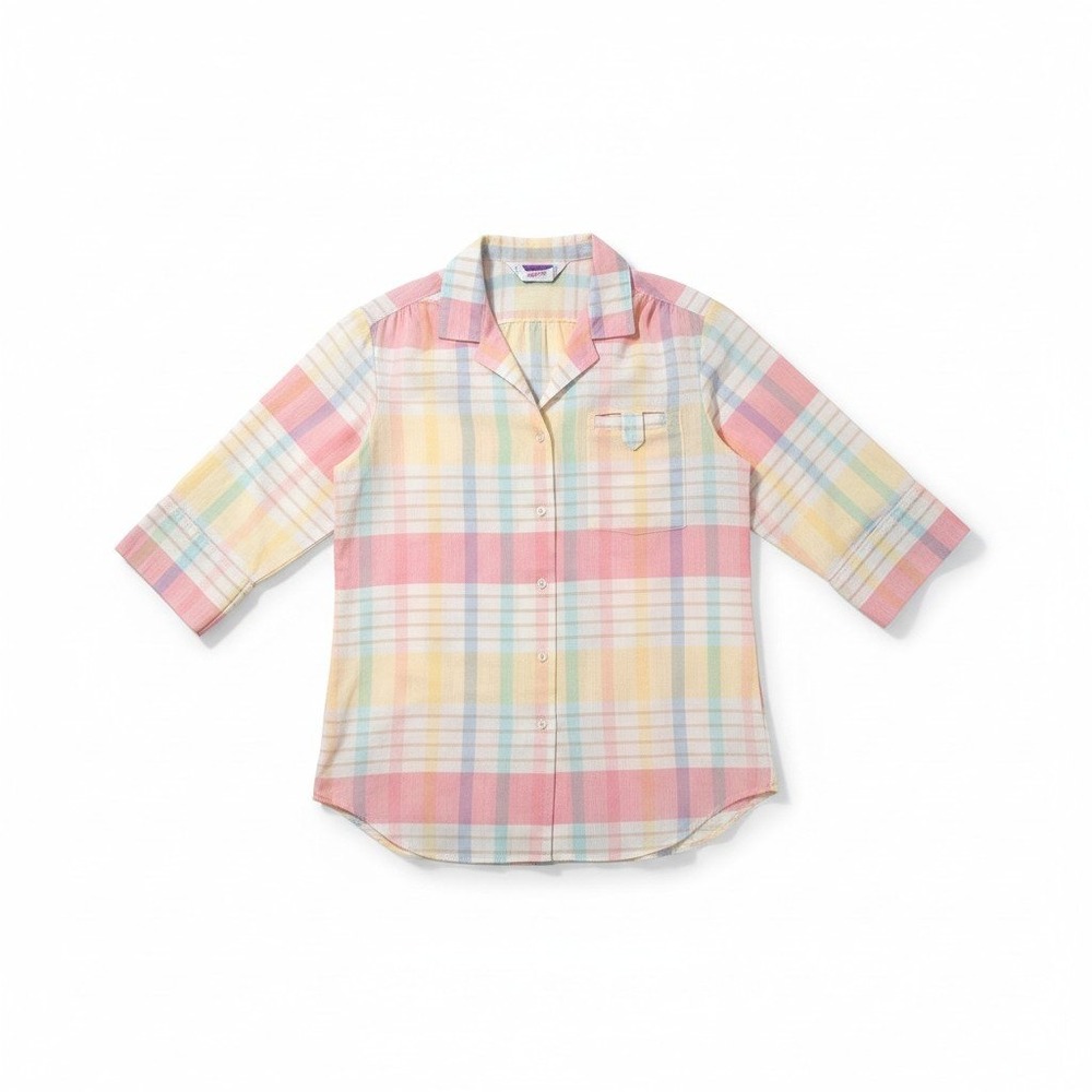 Honors Pastel Plaid 3/4 Sleeve Button Up‎ Shirt Pink Yellow Blue Made in USA